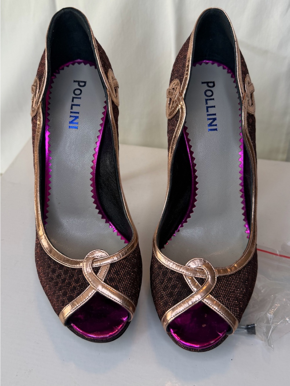 Pollini Brown Pumps with Rose Gold Trim and Purple Insole